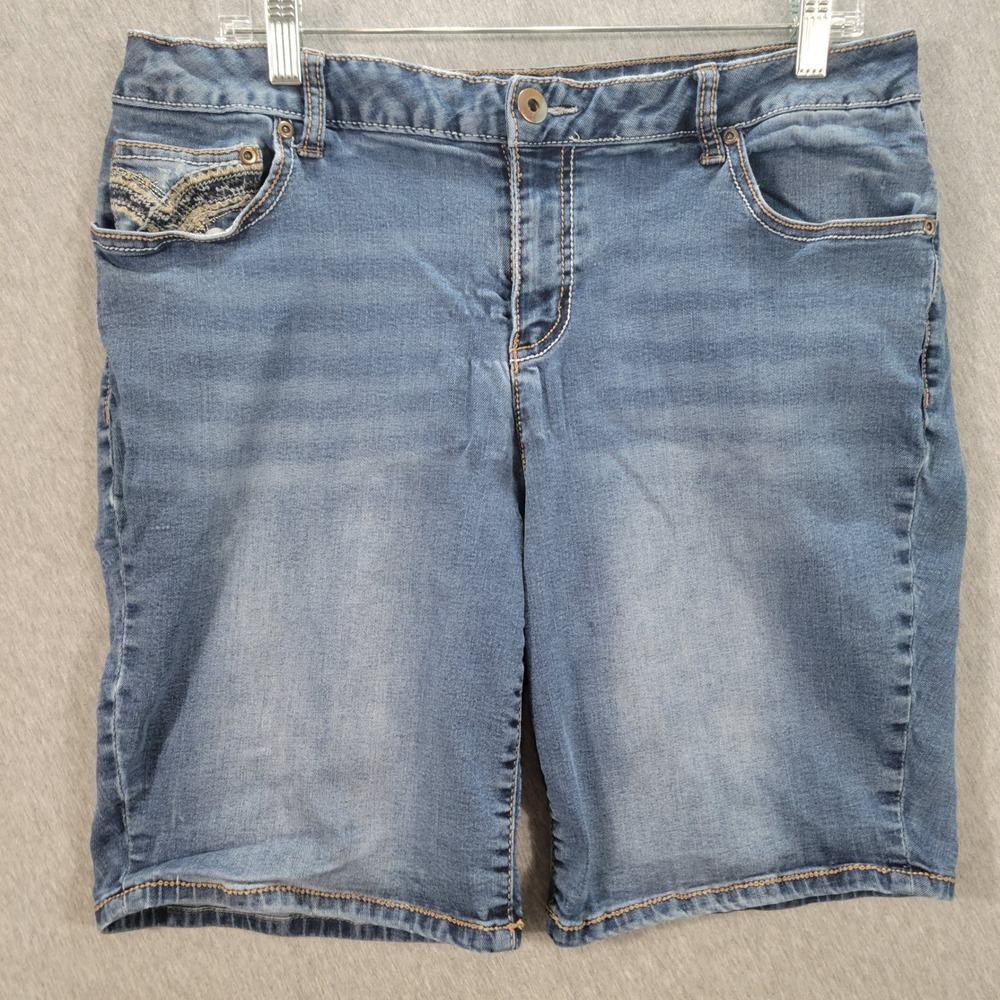 Denim Bermuda Shorts Women 16W Blue Embroidered Pockets Stretch Boho Cowgirl